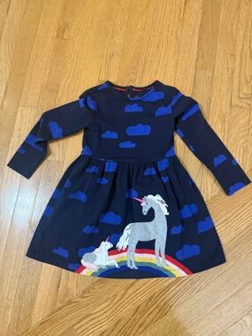 Mini Boden Navy Dress with Blue Clouds & Unicorn Appliqué
